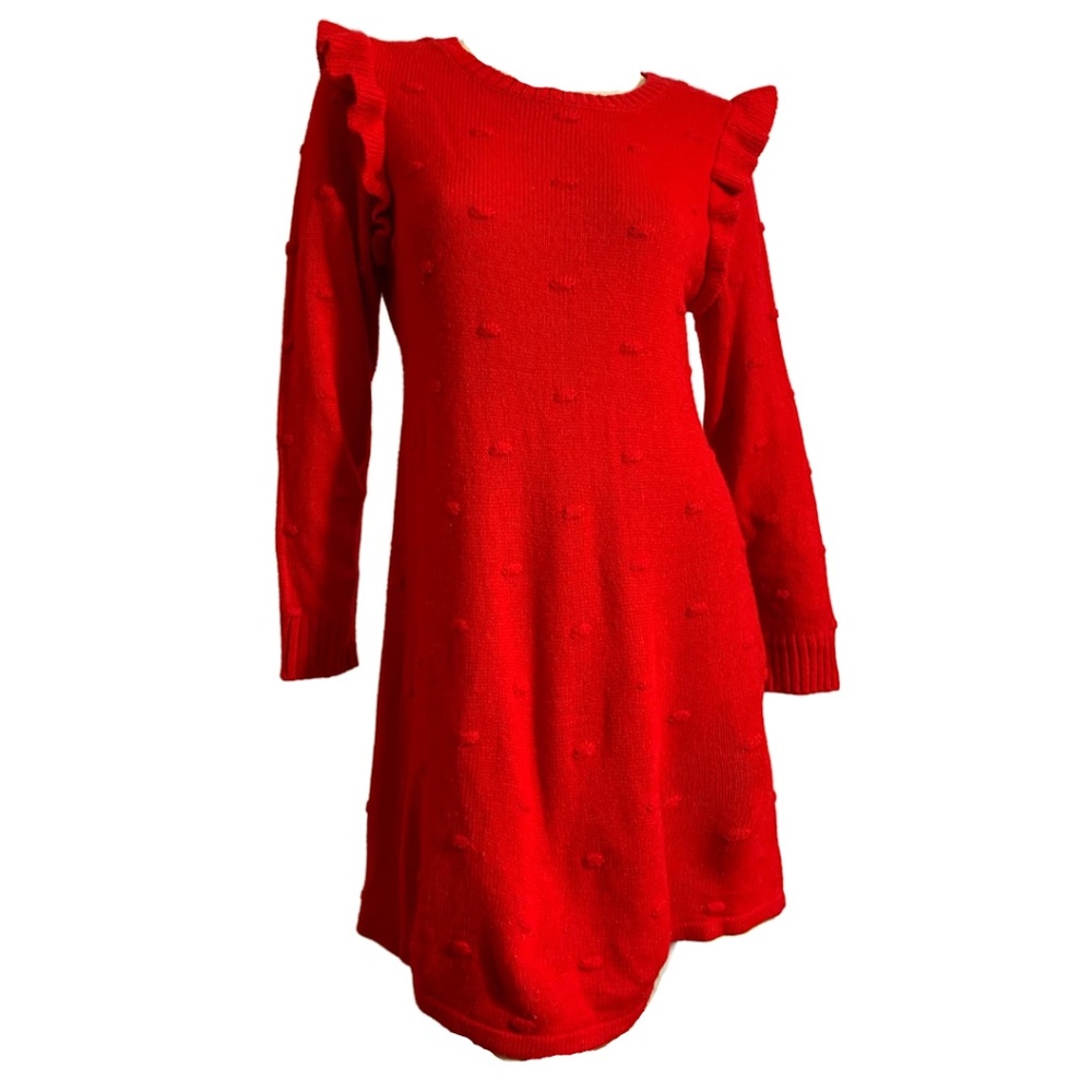 Cherry Red Ruffled Shoulder Sweater Dress